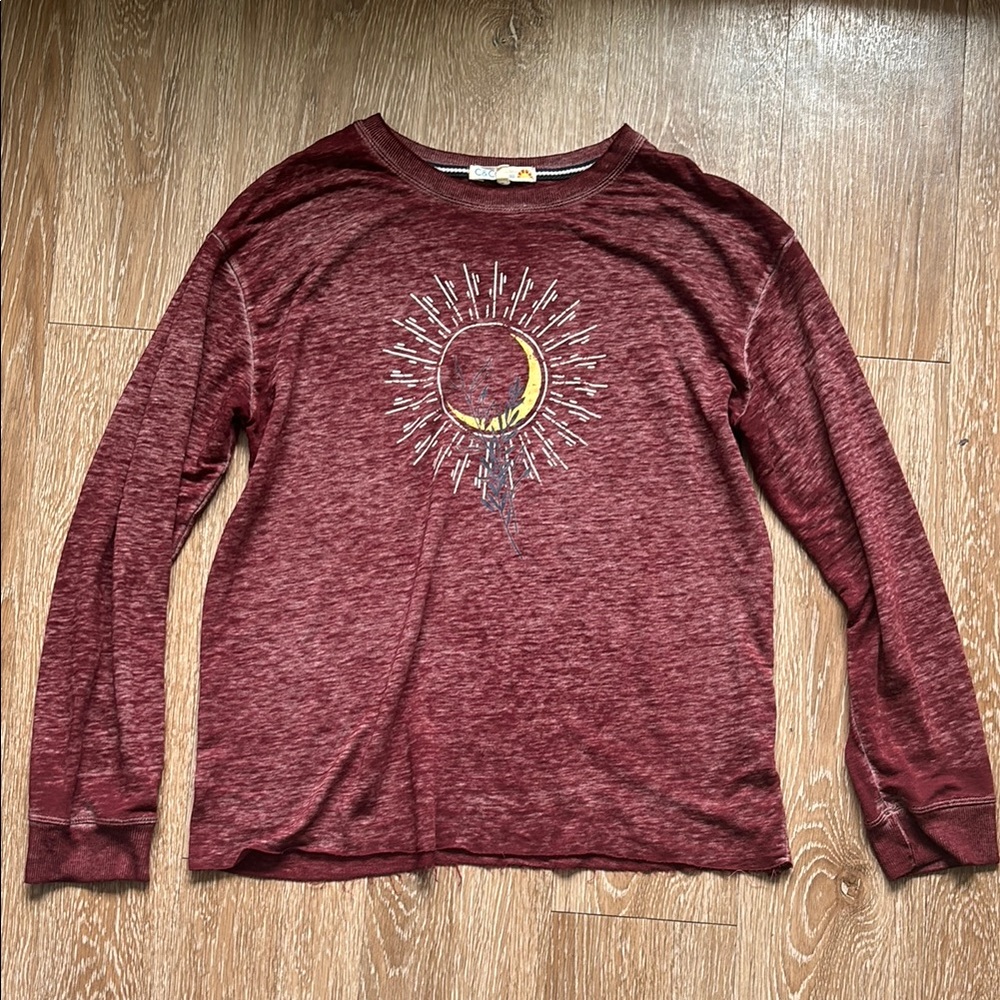C&C California burgundy red sun print burnout fabric long sleeve top, small